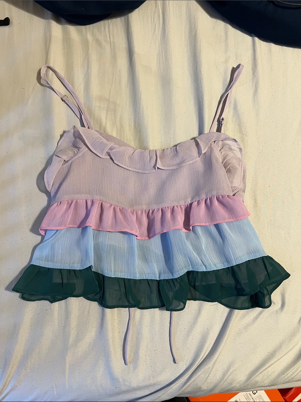 Tiered Ruffle Crop Top in Pink, Light Blue & Dark Green